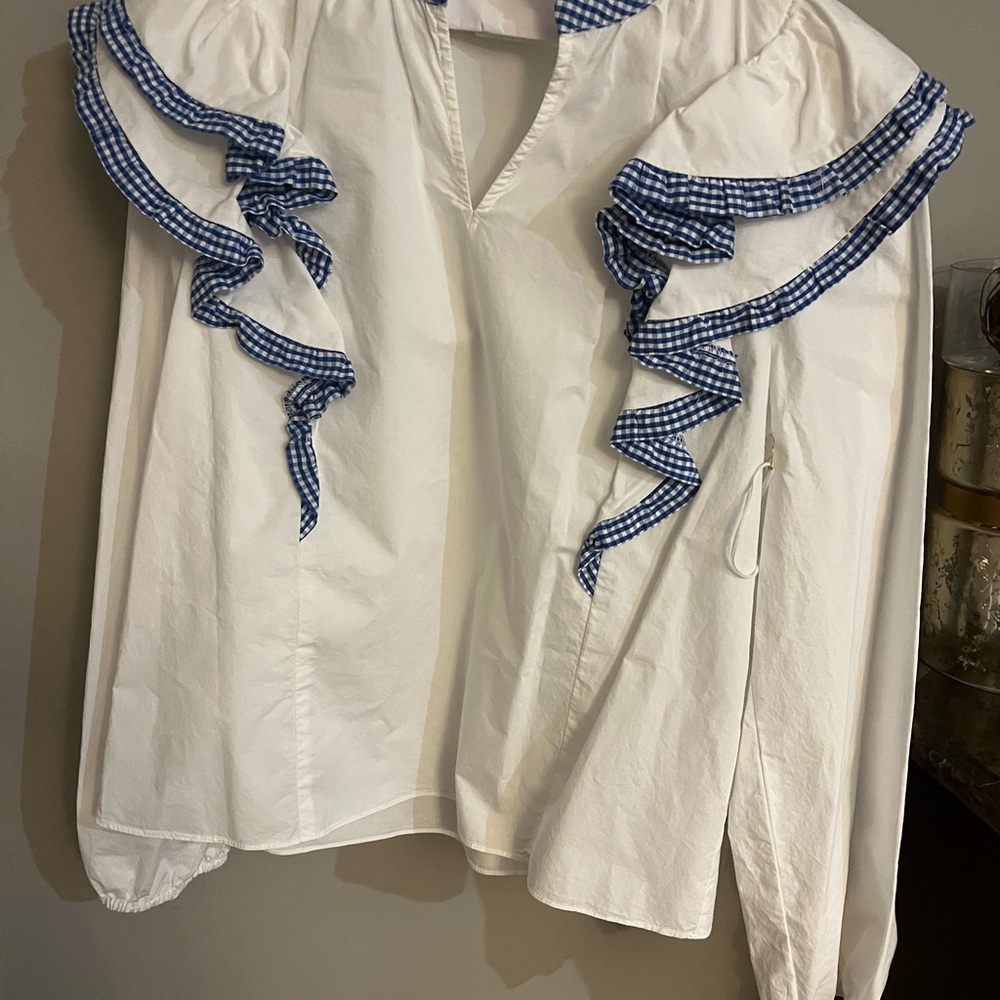 Hyacinth House Chic White Blouse with Blue Ruffle Trim - Picture 4 of 7